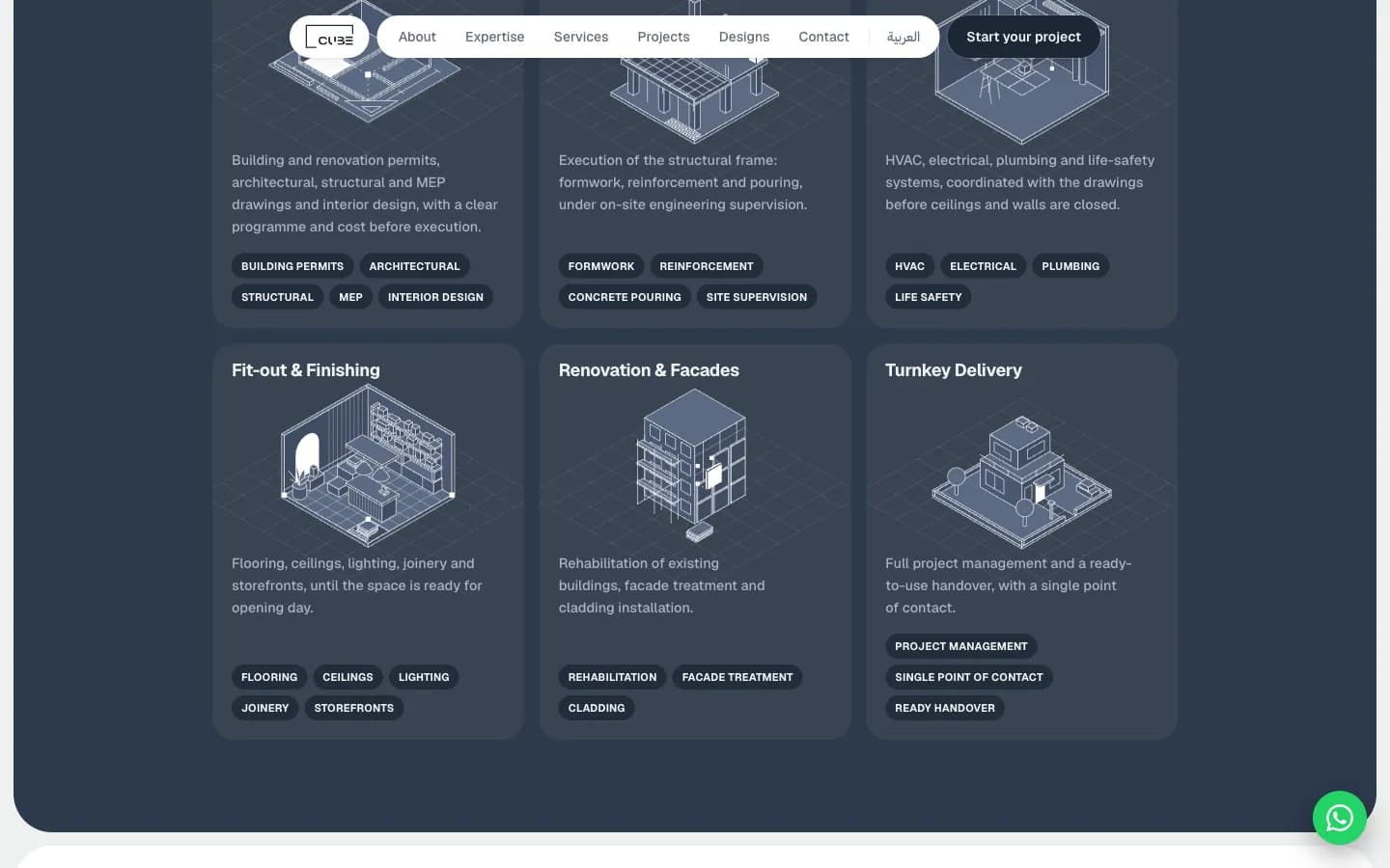 Services section with line-art illustrations